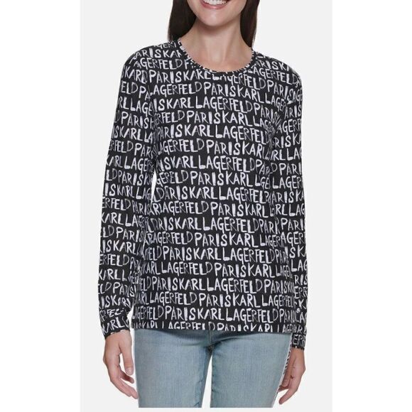 Karl Lagerfeld Paris Black Printed Graphic Long Sleeved T NWT Size Small - Picture 4 of 9